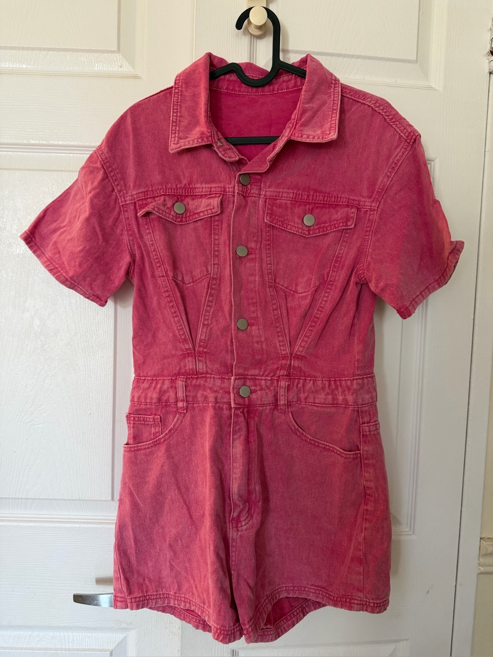 Women Short-Sleeve Pink Denim Romper
